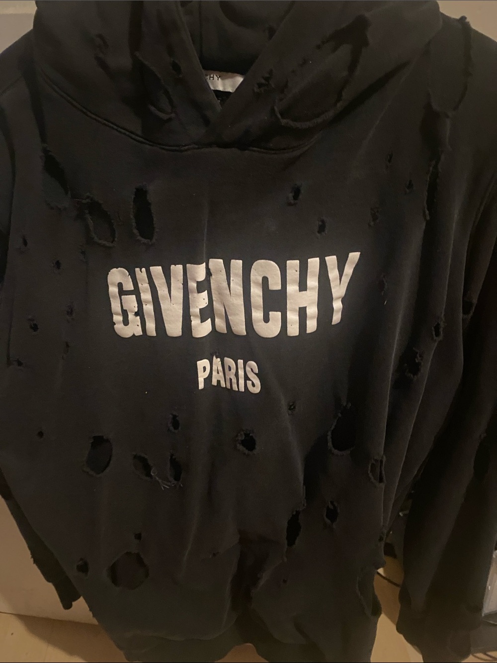 Givenchy Black Hoodie with White Logo and Distressed Holes Size M